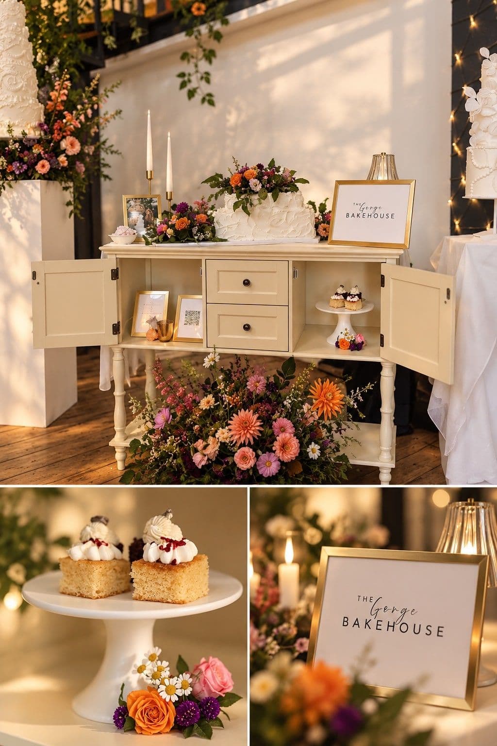 The George Bakehouse cake display with flowers and cake details