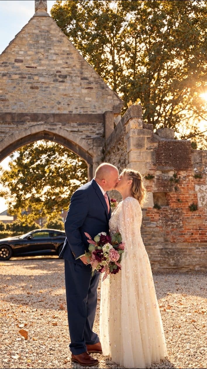 Bride and groom kissing outside a stone wedding venue in golden evening light